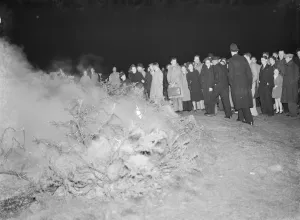 A crowd gathers at the site of a fire on Dartford Heath, Kent. 1939 A crowd gathers at the site of a fire on Dartford Heath, Kent. 1939