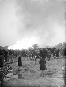 Crowds turn out to see the timber fire at Welling in Kent. 1938 Crowds turn out to see the timber fire at Welling in Kent. 1938