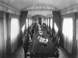 Dining car of the Royal Train on its way away from Cape Town. 12 February 1947 Dining car of the Royal Train on its way away from Cape Town. 12 February 1947