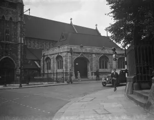 Electric transformer station housed in a church building in Streatham, London. 1938 Electric transformer station housed in a church building in Streatham, London. 1938