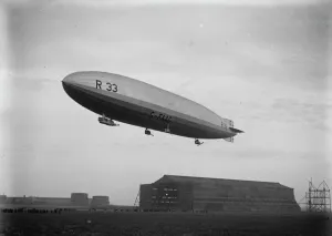 First flight of a British airship for over three years. R33 leaves Cardington Aerodrome First flight of a British airship for over three years. R33 leaves Cardington Aerodrome