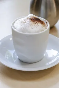 Frothy topped cappuccino in handleless cup with cocoa dusted on and cocoa shaker Frothy topped cappuccino in handleless cup with cocoa dusted on and cocoa shaker