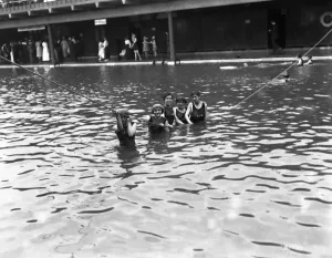 Girl bathers in the open - air swimming pool at Westcliff - on - Sea, Essex Girl bathers in the open - air swimming pool at Westcliff - on - Sea, Essex