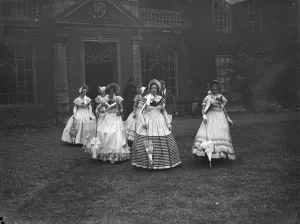 Girls in period dresses at Lullingstone Park near Eynsford, Kent. 1938 Girls in period dresses at Lullingstone Park near Eynsford, Kent. 1938