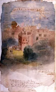 The Globe Theatre, Southwark, London 1616. View of the Globe by the Dutch engraver The Globe Theatre, Southwark, London 1616. View of the Globe by the Dutch engraver