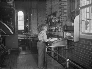 Gravesend Water Works in Kent. A worker in the control room. 1939 Gravesend Water Works in Kent. A worker in the control room. 1939
