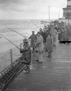 Hastings angling festival opens in a gale. With a stiff gale whipping up the sea Hastings angling festival opens in a gale. With a stiff gale whipping up the sea