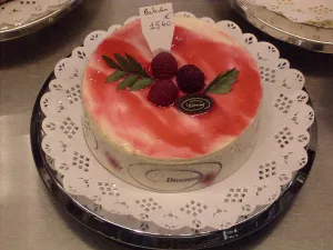 High-class French patisserie displayed on a doily, Dieppe, Seine-Maritime, Normandy High-class French patisserie displayed on a doily, Dieppe, Seine-Maritime, Normandy
