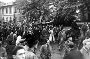 A huge crowd assembles to see Oswald Mosley speak at an East London Rally in Hertford A huge crowd assembles to see Oswald Mosley speak at an East London Rally in Hertford