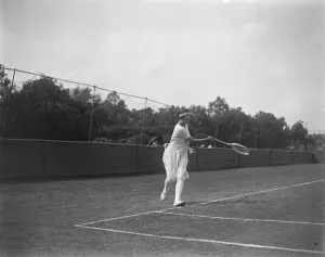 Hurlingham Lawn Tennis Tournament An action shot of Mrs Baddeley in the ladies handicap Hurlingham Lawn Tennis Tournament An action shot of Mrs Baddeley in the ladies handicap