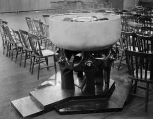 The interior of the church at RAF Cranwell training centre, showing the font which The interior of the church at RAF Cranwell training centre, showing the font which