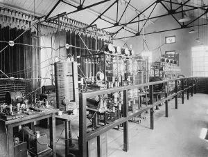 The interior of one of the Marconi high speed telegraph stations at Ongar, Essex The interior of one of the Marconi high speed telegraph stations at Ongar, Essex