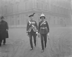 King holds an investiture. Colonel Smith, Royal Scots ( left ) and Colonel Hocken King holds an investiture. Colonel Smith, Royal Scots ( left ) and Colonel Hocken