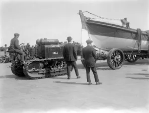 Launching the Lifeboat at Worthing by Motor Tractor. 1920s, 1930s Launching the Lifeboat at Worthing by Motor Tractor. 1920s, 1930s