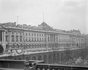 London. The neoclassical facade of Somerset House seen from Waterloo Bridge, London Early London. The neoclassical facade of Somerset House seen from Waterloo Bridge, London Early