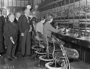 Lord Mayor inspects international telephone exchange. The Lord Mayor of London Lord Mayor inspects international telephone exchange. The Lord Mayor of London