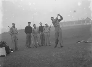 Members of Arsenal Football Club on the Dyke golf links at Brighton. Boulton driving off Members of Arsenal Football Club on the Dyke golf links at Brighton. Boulton driving off