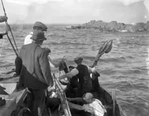 Men in the Channel Islands out fishing for ormers ( abalone - shellfish ) 8 October 1920 Men in the Channel Islands out fishing for ormers ( abalone - shellfish ) 8 October 1920