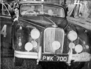 Monte Carlo : The british team in their Jaguar which won the Monte Carlo Rally Monte Carlo : The british team in their Jaguar which won the Monte Carlo Rally