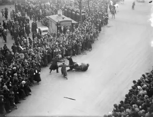 Mounted policeman and horse fall at royal wedding rehearsal. 27 November 1934 Mounted policeman and horse fall at royal wedding rehearsal. 27 November 1934