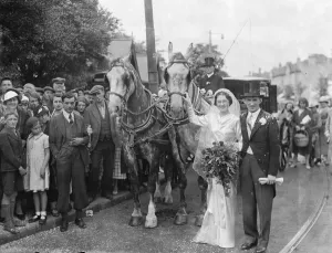 An old fashion wedding at Eltham Parish church. The bride and groom stand next to the horse An old fashion wedding at Eltham Parish church. The bride and groom stand next to the horse