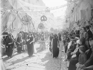 The procession of Our Lady at Boulogne, France. The procession passing through The procession of Our Lady at Boulogne, France. The procession passing through