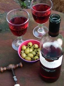 Rose wine with green oliives in garden on summer evening credit: Marie-Louise Avery Rose wine with green oliives in garden on summer evening credit: Marie-Louise Avery
