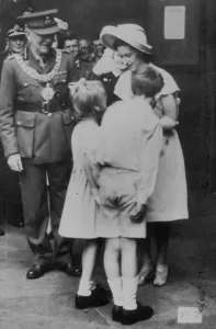 Her Royal Highness Princess Margaret is greeted by two children on her visit to the Her Royal Highness Princess Margaret is greeted by two children on her visit to the
