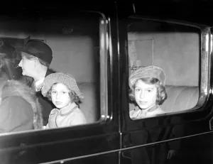 The royal Princesses Elizabeth and Margaret Rose being driven away from Euston after The royal Princesses Elizabeth and Margaret Rose being driven away from Euston after