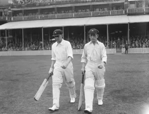 Second day of final test match at the Oval. Herbie Collins and Bill Woodfull going Second day of final test match at the Oval. Herbie Collins and Bill Woodfull going