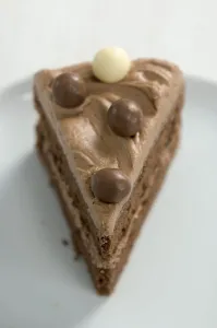 Single slice of rich chocolate cake layered with chocolate butter cream credit Single slice of rich chocolate cake layered with chocolate butter cream credit