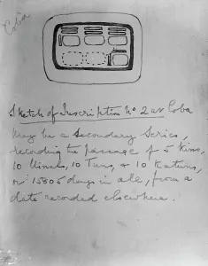 Sketch of inscription found during the exploration of the ruined Mayan city of Coba Sketch of inscription found during the exploration of the ruined Mayan city of Coba