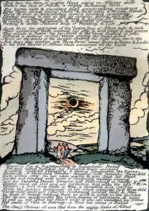 Solar eclipse viewed through the trilithon portals of Stonehenge, the three monoliths Solar eclipse viewed through the trilithon portals of Stonehenge, the three monoliths