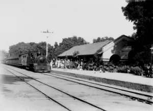 Steam train arriving at Fatehgarh Railway station at 9:35 11th November 1901 India Steam train arriving at Fatehgarh Railway station at 9:35 11th November 1901 India