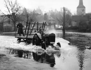 Only tractors could get through the floods at Eynsford, Kent, when the river Darent Only tractors could get through the floods at Eynsford, Kent, when the river Darent