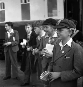 Trainspotters Club outing Schoolboys armed with their trainspotters notebooks Trainspotters Club outing Schoolboys armed with their trainspotters notebooks