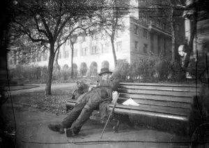 A typical London tramp at home on Embankment. 7 November 1945 A typical London tramp at home on Embankment. 7 November 1945