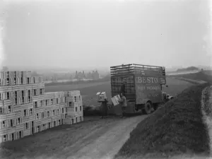 Unloading boxes from a truck which belongs to Besto the fruit packaging company from Kent Unloading boxes from a truck which belongs to Besto the fruit packaging company from Kent