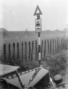 Unusual sign in Meopham, Kent, warning drivers that there are not gates at the Unusual sign in Meopham, Kent, warning drivers that there are not gates at the