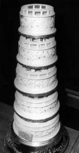 View of the five - tiered wedding cake made by Staff Sargeant Neil Smith, for Princess View of the five - tiered wedding cake made by Staff Sargeant Neil Smith, for Princess