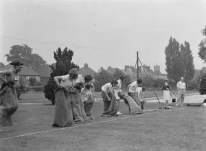 Wallingraph Sports in Eltham, Kent. Girls get ready for the sack race Wallingraph Sports in Eltham, Kent. Girls get ready for the sack race