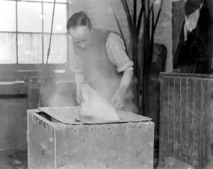 Whalebone cutting - A Leyton industry. Steaming it to make it pliable for cutting purposes Whalebone cutting - A Leyton industry. Steaming it to make it pliable for cutting purposes