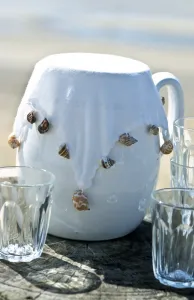 White jug with white fabric cover weighted with sea shells to keep insects out. credit White jug with white fabric cover weighted with sea shells to keep insects out. credit