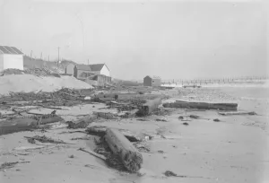The wreckage of bathing huts at Littlehampton after the Great Storm. 1925 The wreckage of bathing huts at Littlehampton after the Great Storm. 1925