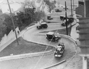Zig zag street. This unusual street grading on a steep hill, has just been completed Zig zag street. This unusual street grading on a steep hill, has just been completed