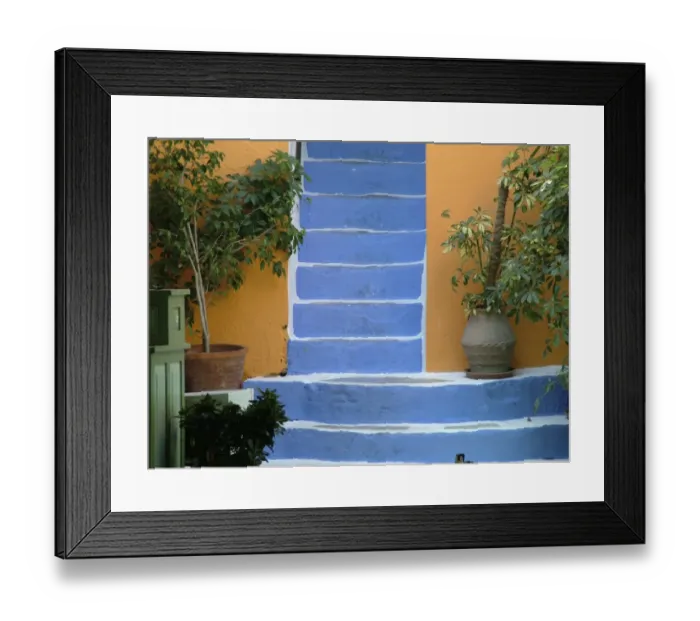 Framed Print : Vivid contrasting colours on stairway and walls in openair restaurant on waterfront Framed Print : Vivid contrasting colours on stairway and walls in openair restaurant on waterfront