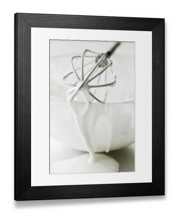 Framed Print : Bowl of white icing with dripping balloon whisk credit: Marie-Louise Avery  /  thePictureKitchen