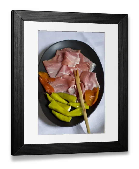 Framed Print : Spanish Serano dried ham with stuffed, green, chilli peppers and Hawaiin pickled mango Framed Print : Spanish Serano dried ham with stuffed, green, chilli peppers and Hawaiin pickled mango
