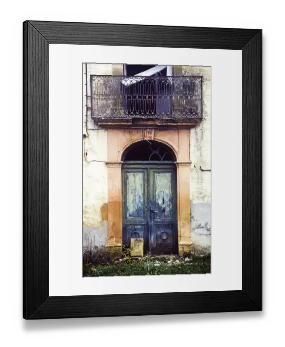 Framed Print : Crumbling, dilapidated entrance doorway and balcony of old French maison de maitre
