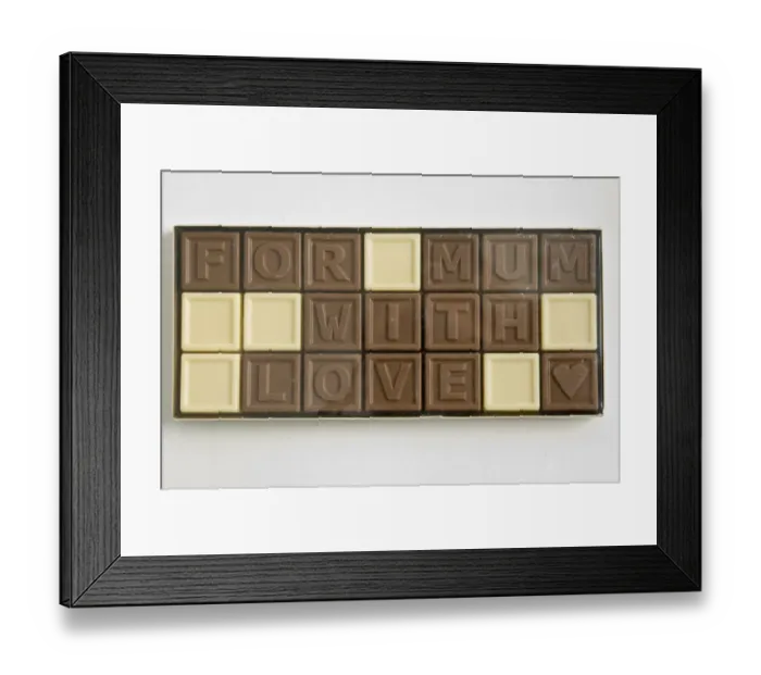 Framed Print : Chocolate letters spelling For Mum with love in cellophane box as Mothers day